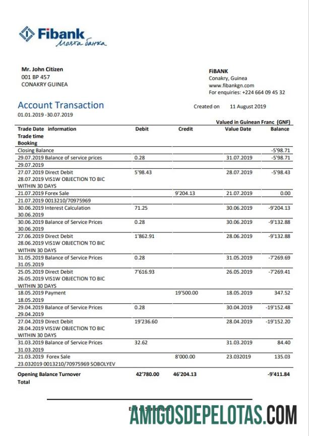 Modelo de extrato bancário Fibank da Guiné